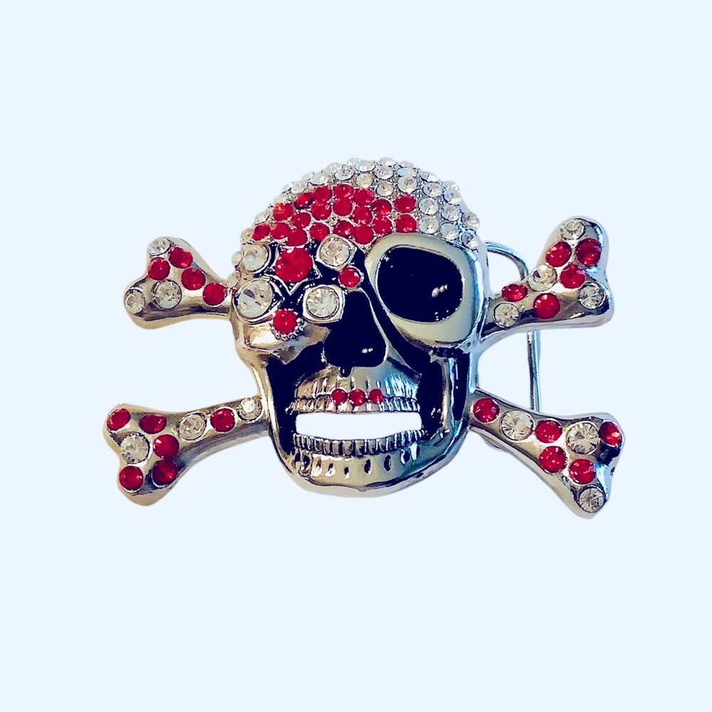 Belt Buckle Skull Bones Bling Rhinestones Silver Tone Red 4.5”